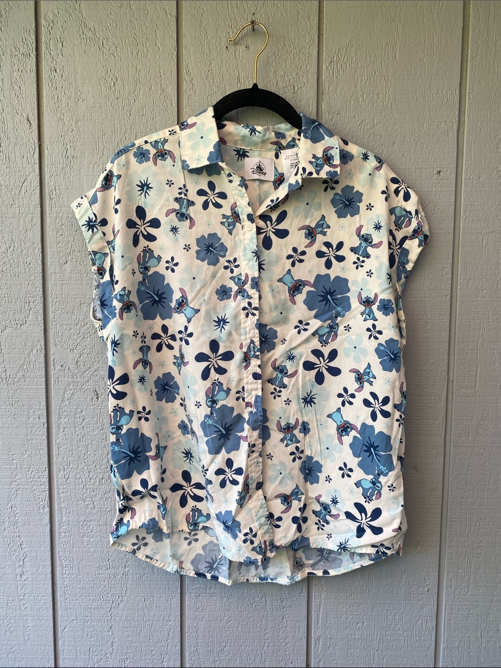Disney Short-Sleeve Stitch & Floral Button-Down Top - Blue/White